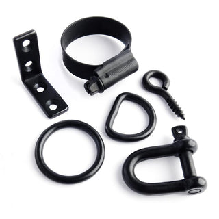 black stainless steel o rings, d rings, d-shackes, eye hooks, mikalor clamps.