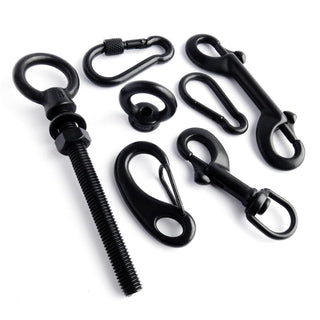 Black stainless steel long lift eye bolt, lift eye nuts and bold, spring hooks, snap hooks. All in A4 marine grade steel.