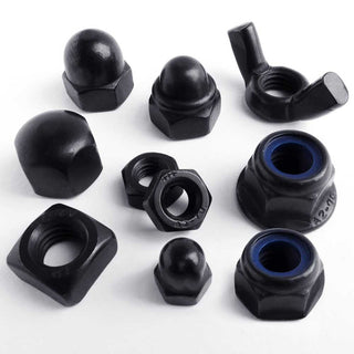 Black Stainless Steel dome nuts, nyloc dome nuts, wing nuts, hex cap nuts, full nuts, flange n/s nyloc nuts, nyloc nuts, thin nuts, square nuts.